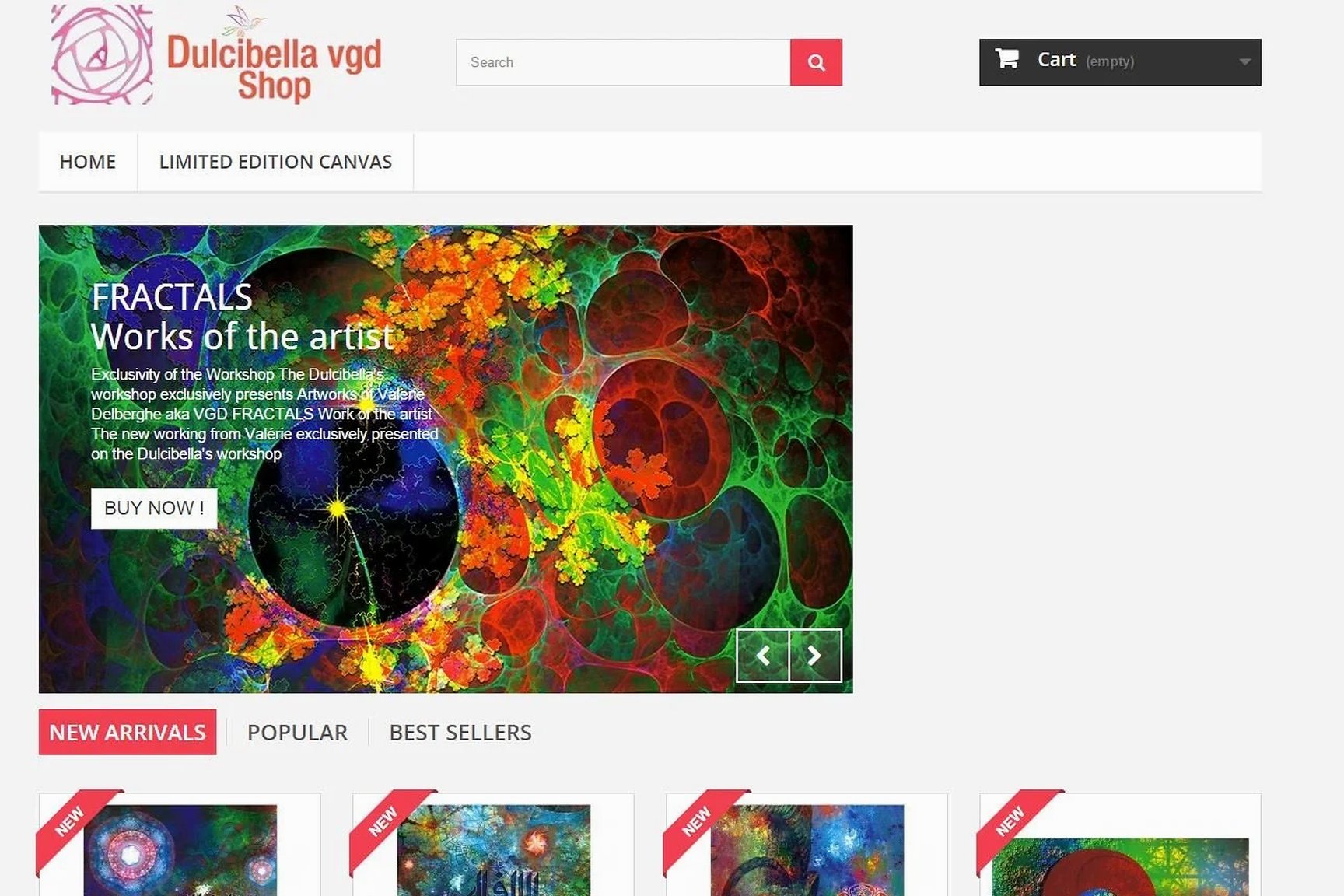 La boutique en ligne Dulcibella vgd Shop : les fractales de l’artiste en vitrine, les nouveautés en dessous