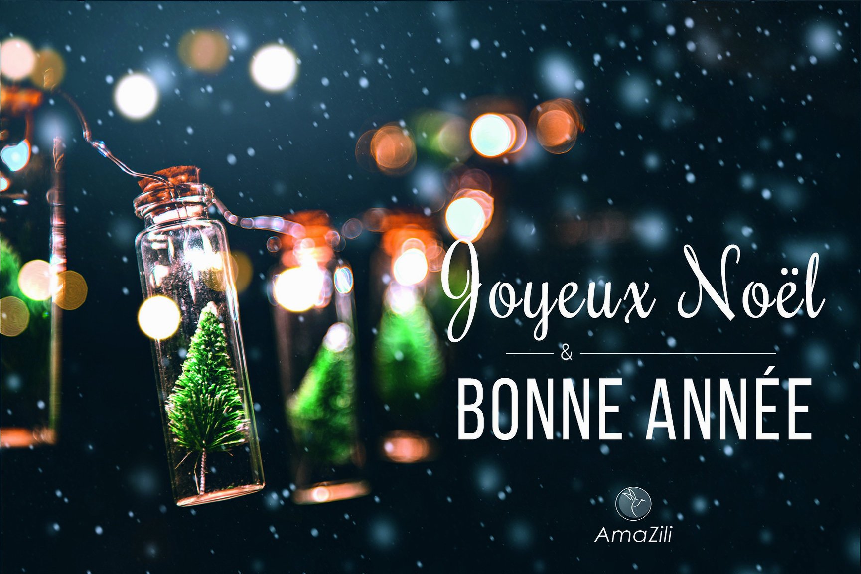 Carte de vœux d’AmaZili : des sapins miniatures dans des fioles suspendues sous la neige, « Joyeux Noël & bonne année »
