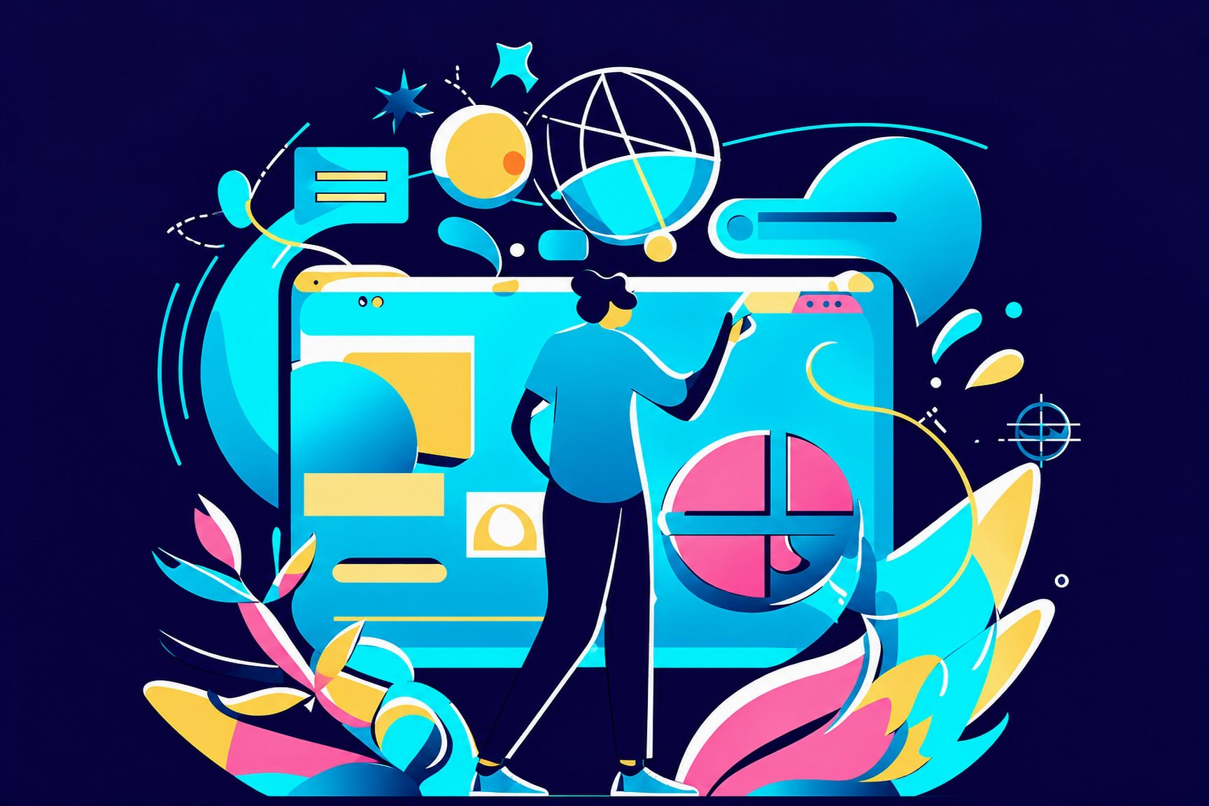 Illustration : une personne compose une page web sur un grand écran, entourée de formes colorées