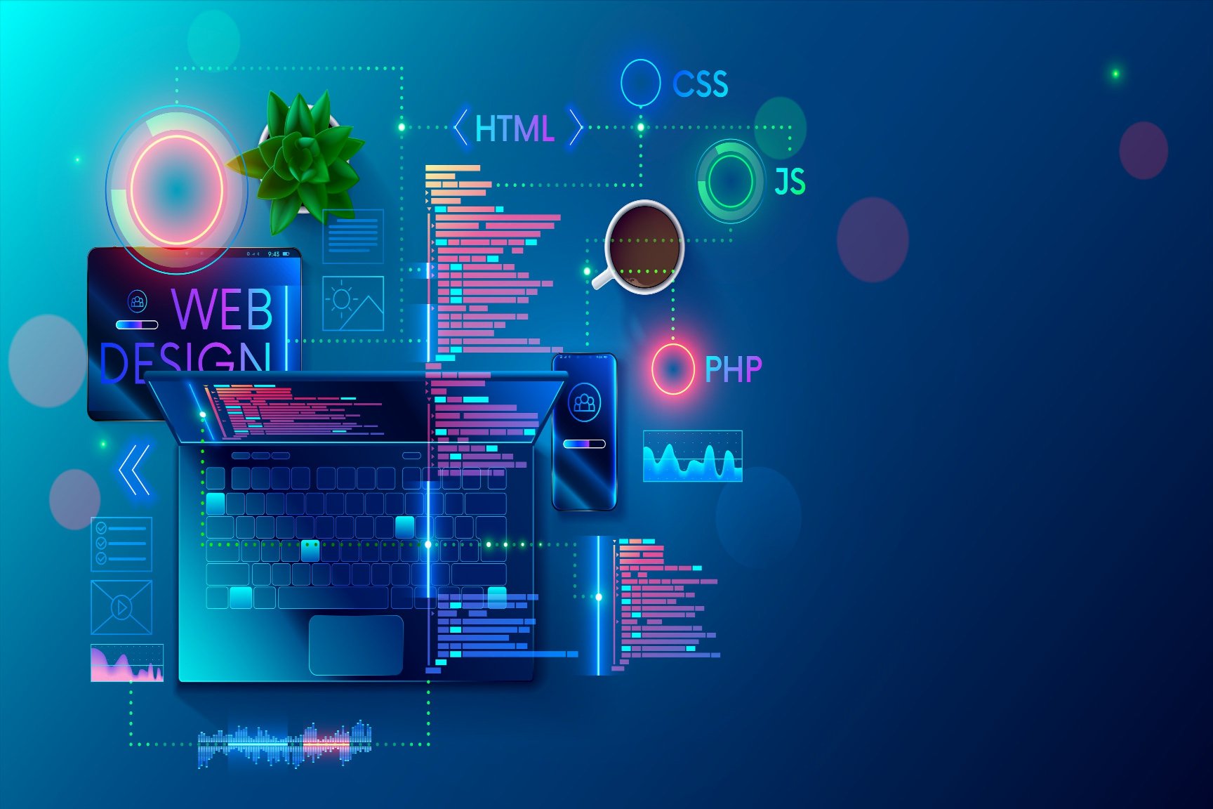 Un ordinateur portable entouré de lignes de code et des langages du web : HTML, CSS, JavaScript, PHP