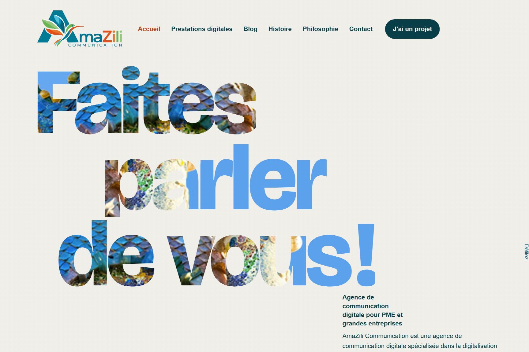 Page d’accueil du nouveau site d’AmaZili Communication sur un écran d’ordinateur : logo, menu et slogan.