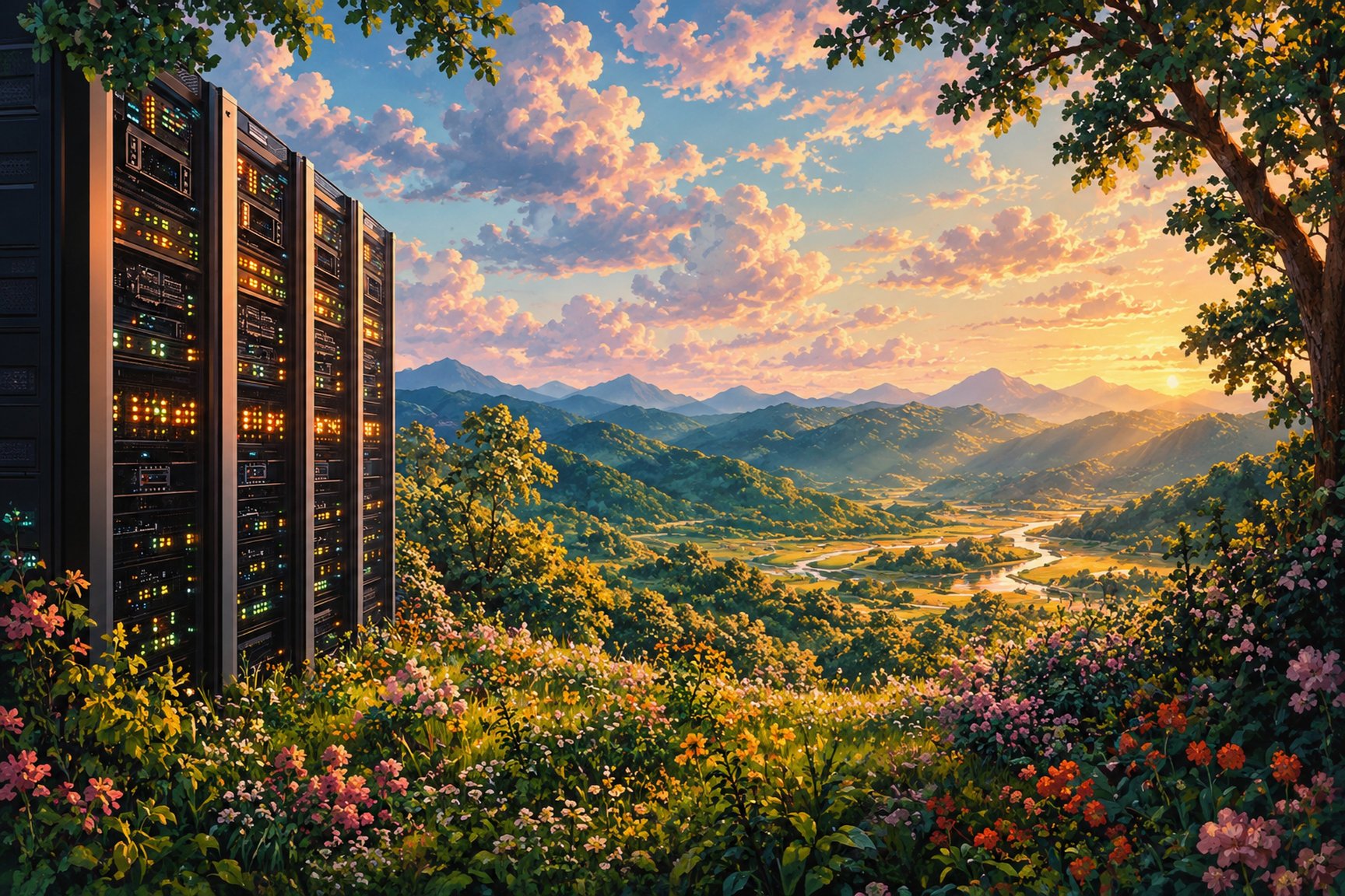 Des baies de serveurs au milieu d’une nature en fleurs, au coucher du soleil