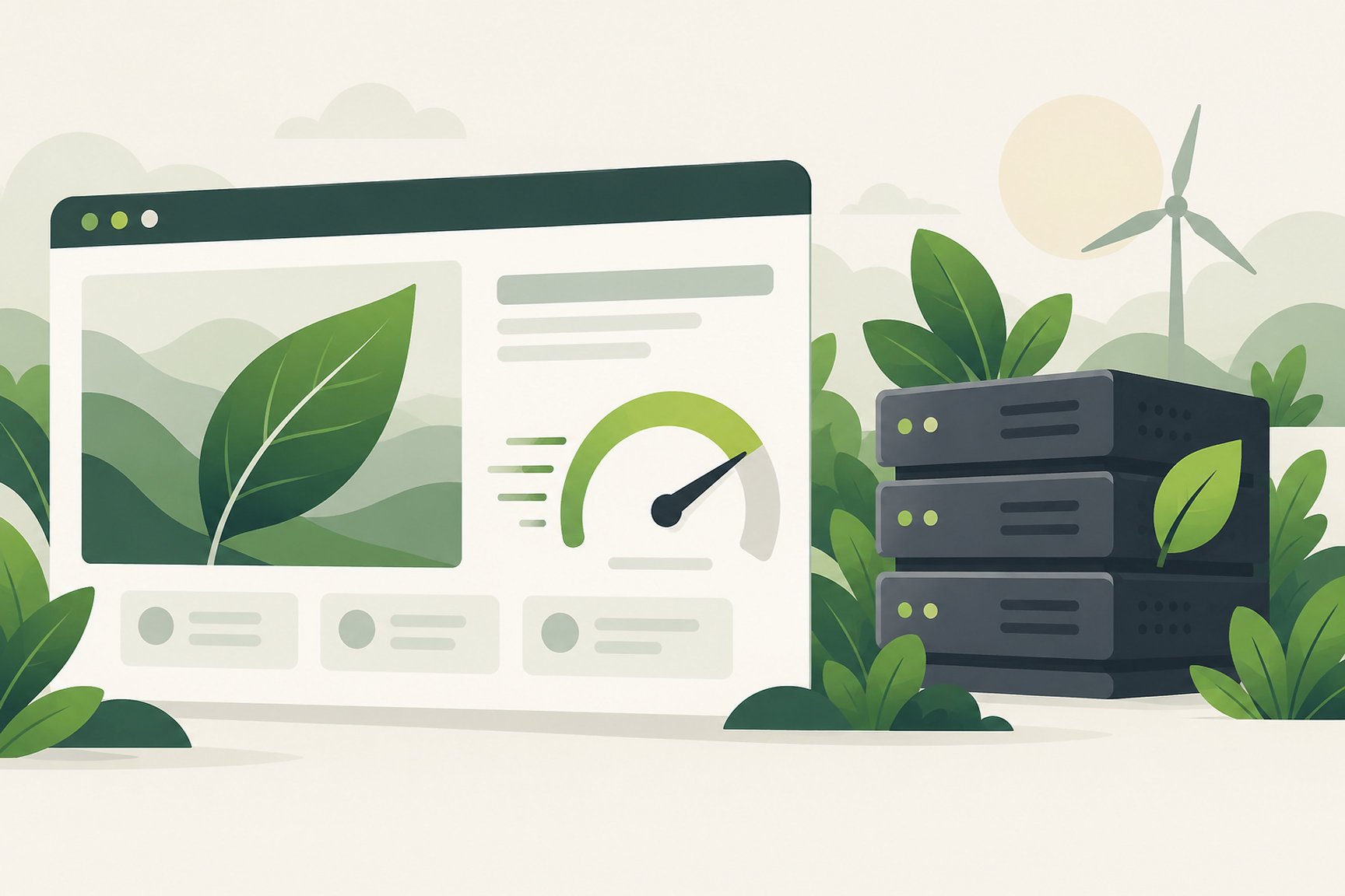 Illustration : un écran de site web avec une feuille et une jauge de vitesse, à côté de serveurs entourés de plantes et d’une éolienne