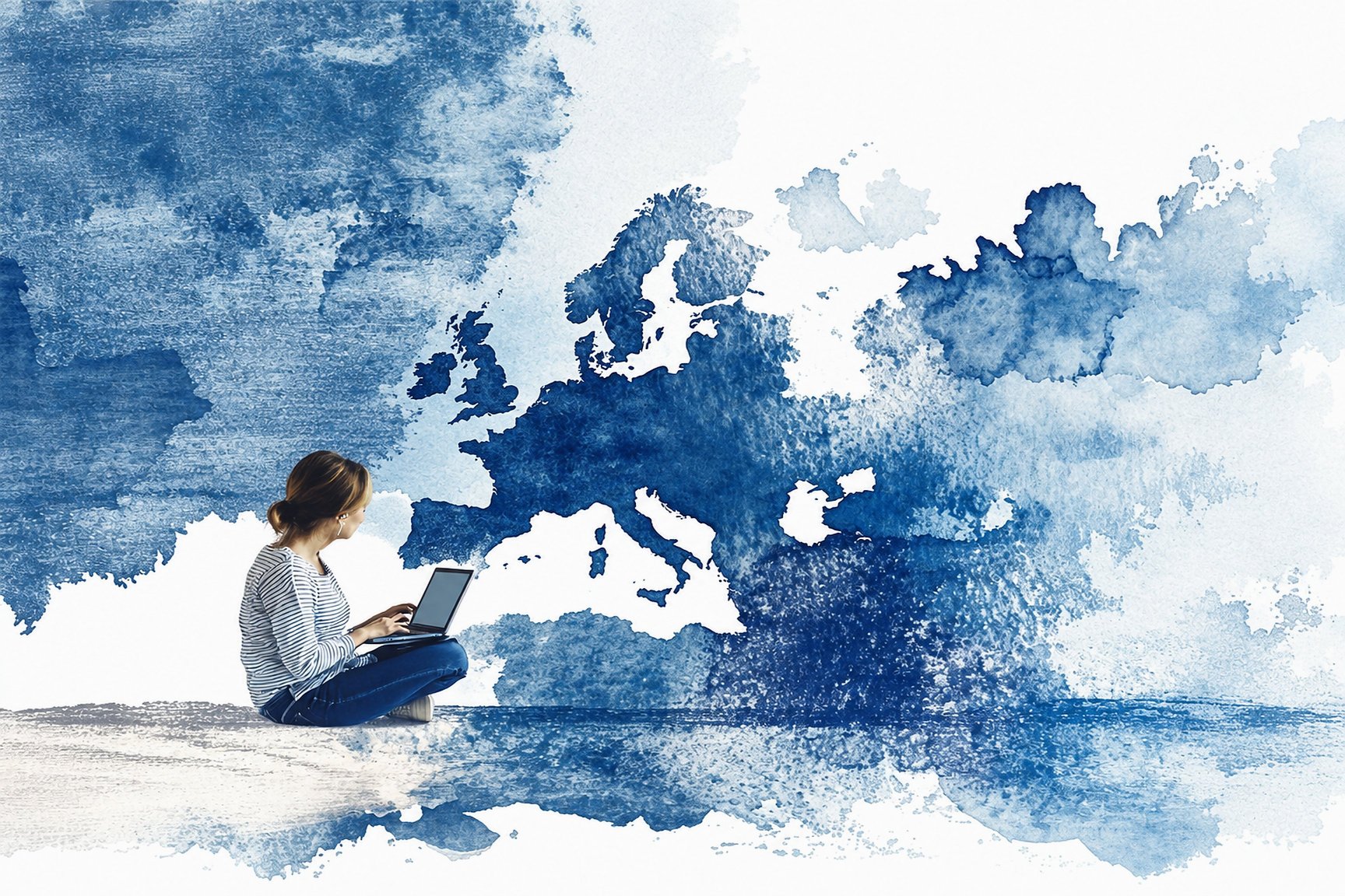 Une étudiante, son ordinateur sur les genoux, face à une carte de l’Europe à l’aquarelle