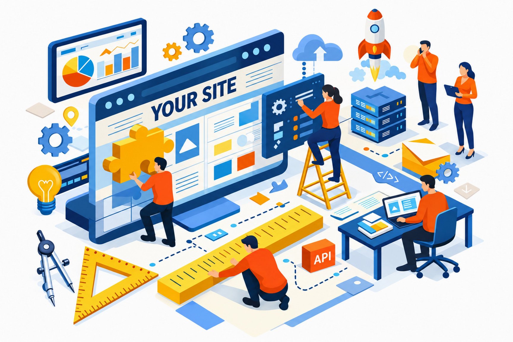 Illustration : une équipe construit un site web comme sur un chantier, avec une pièce de puzzle, une règle, une échelle et un connecteur d’API