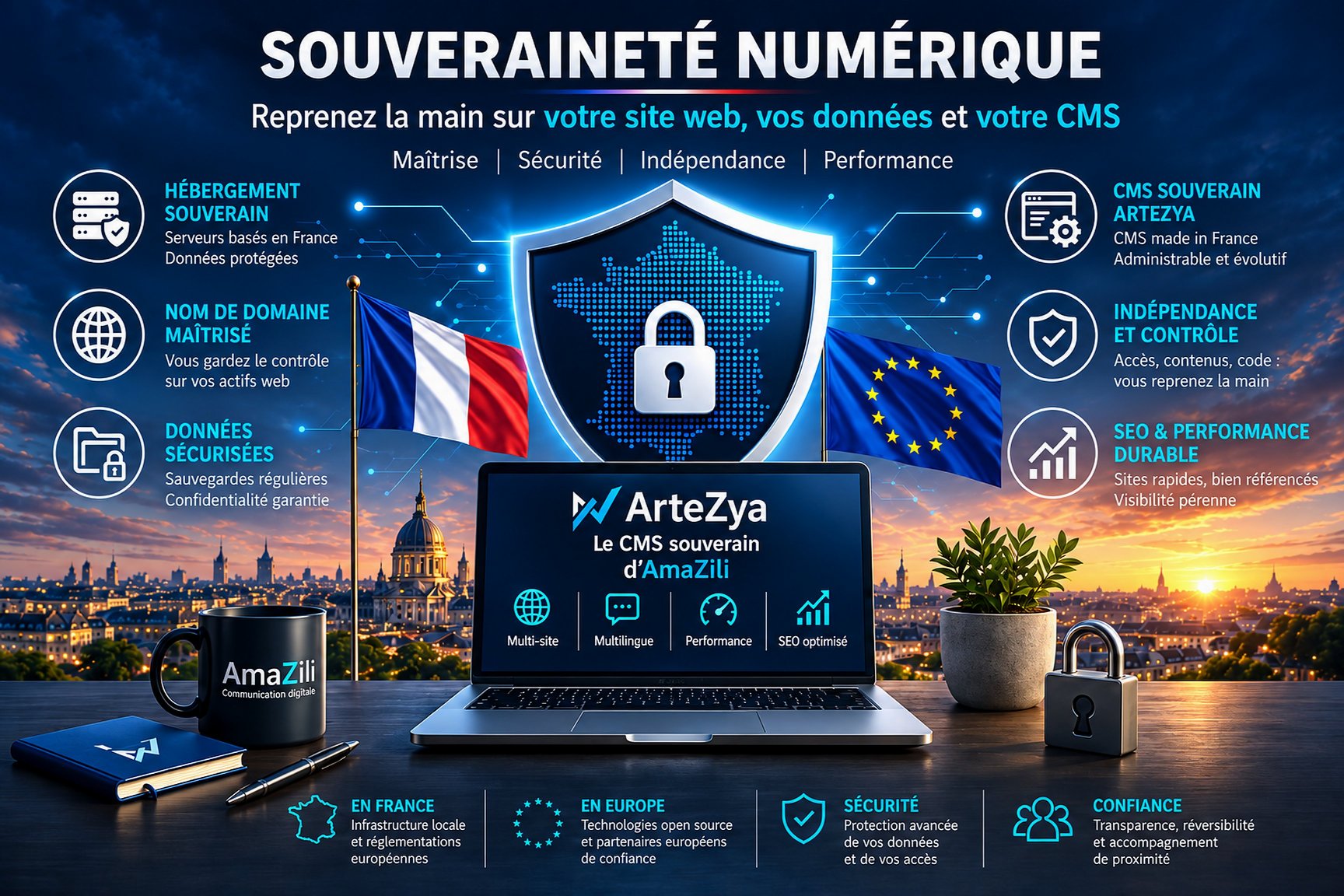 Infographie : un bouclier à cadenas entre les drapeaux de la France et de l’Europe, devant un ordinateur ouvert sur ArteZya, le CMS souverain d’AmaZili ; autour, hébergement, nom de domaine, données, indépendance, performance