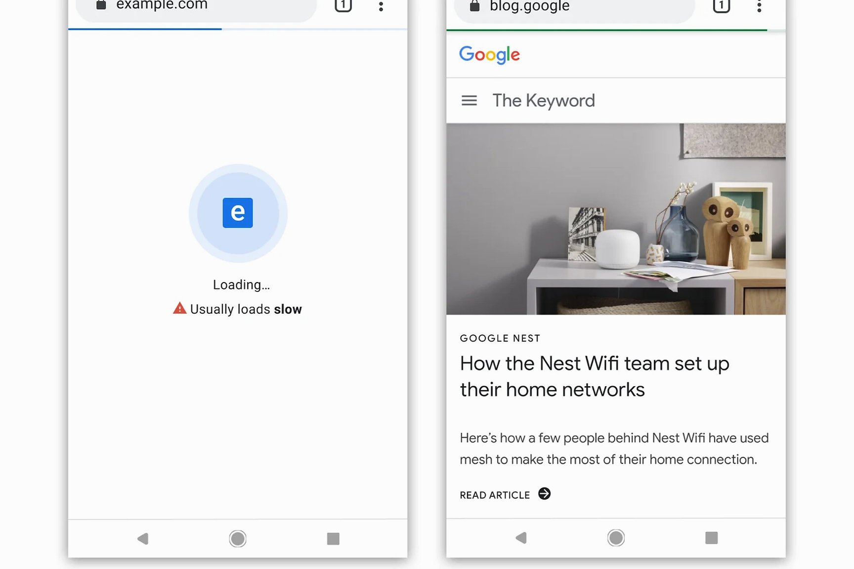 Chrome sur mobile : un site lent affiche « Usually loads slow » pendant son chargement, un site rapide une barre de progression verte