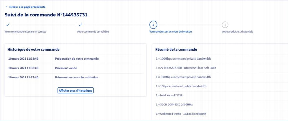 Order status for a server with OVH, 10 March 2021: delivery is still in progress
