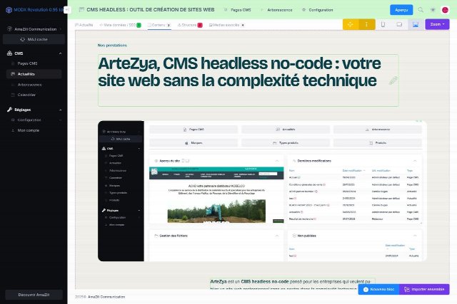 L’éditeur d’ArteZya ouvert sur une page : chaque bloc se modifie directement, tel qu’il s’affichera