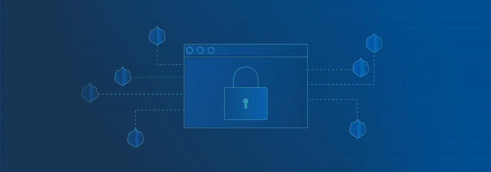 A browser window with a padlock icon, surrounded by shields: web hosting, domain names and security certificates