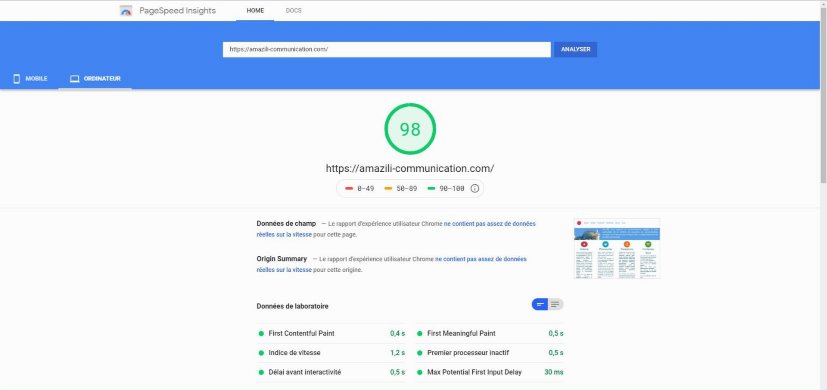 PageSpeed Insights, version pour ordinateur : le site d’AmaZili obtient 98 sur 100, premier affichage en 0,4 seconde