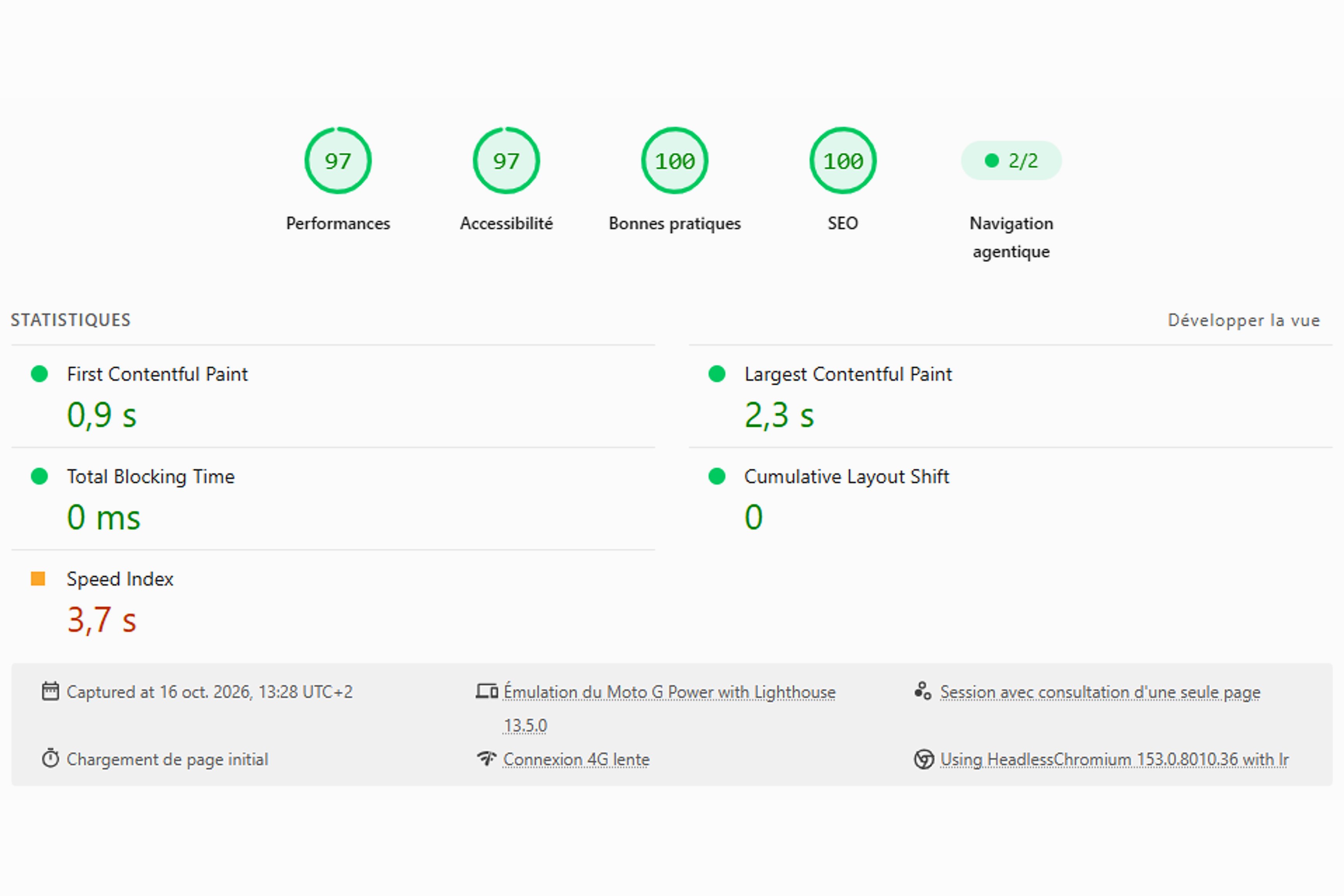 PageSpeed Insights sur mobile : le site d’AmaZili obtient 97 en performances, 97 en accessibilité, 100 en bonnes pratiques et 100 en SEO ; contenu principal affiché en 2,3 secondes, aucun décalage de mise en page.