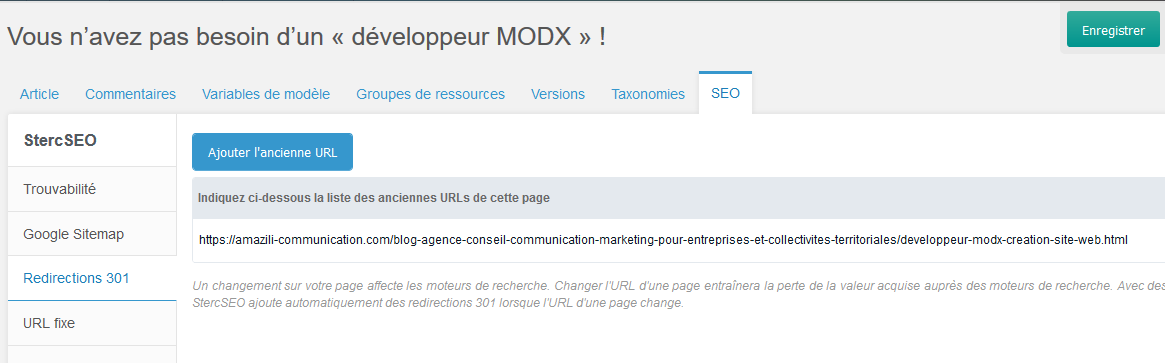 L’onglet SEO d’une page dans MODX : la liste des anciennes adresses, redirigées en 301