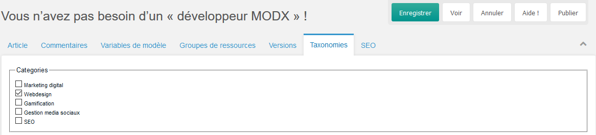L’onglet Taxonomies d’une page dans MODX : des catégories à cocher