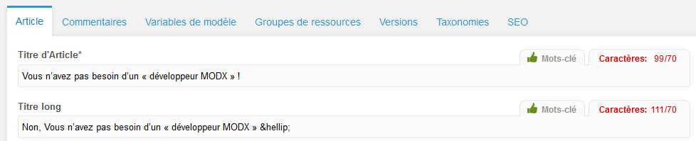 Les champs de titre d’une page dans MODX, avec le compteur de caractères et l’aide aux mots-clés