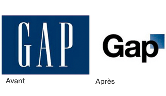 Gap’s logo redesign: the old logo, with white lettering on a blue background, and the new one, in black with a blue square