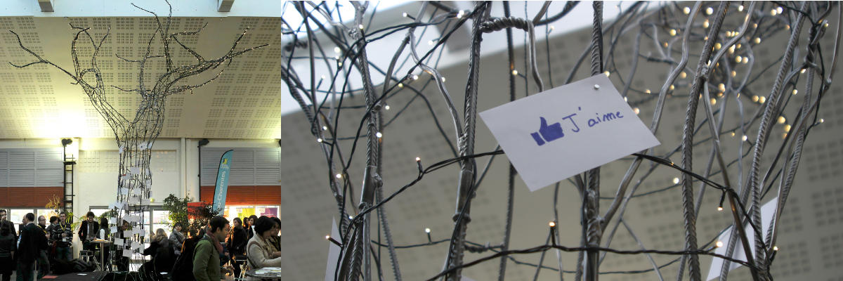 Un arbre en métal recyclé d’Enzo Graftieaux, et une carte « J’aime » accrochée à ses branches