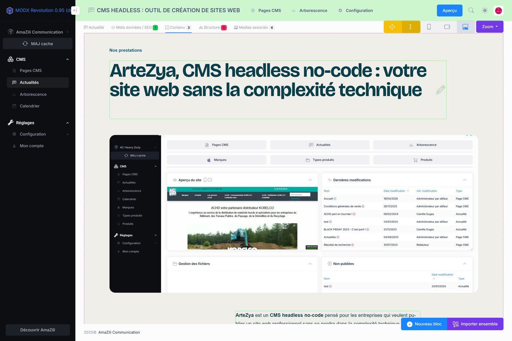 L’éditeur d’ArteZya ouvert sur une page : chaque bloc se modifie directement, tel qu’il s’affichera